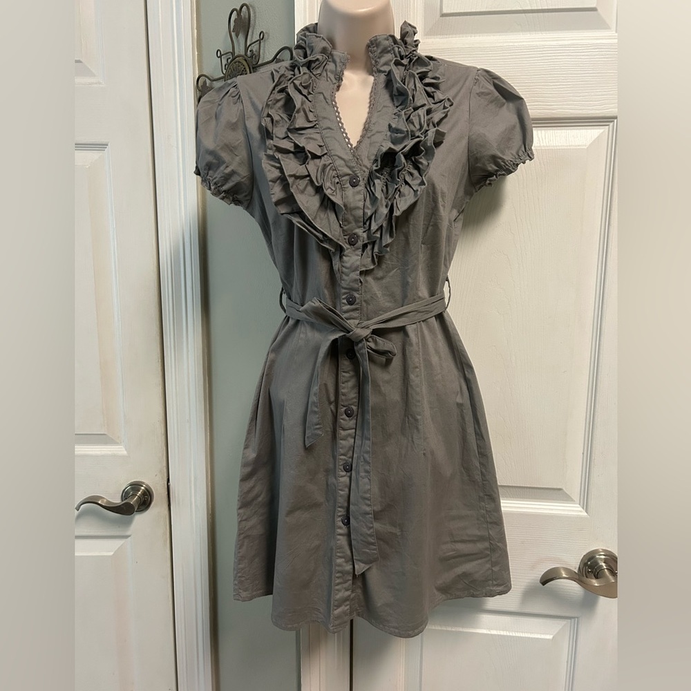 90s Y2K Vintage She's Cool Charcoal Ruffle Mini Dress Feminine Coquette Belted